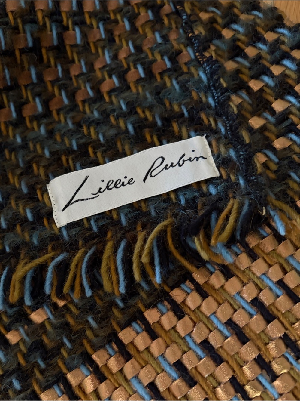 Vintage 82” LILLIE RUBIN Textured Wool & Metallic Suede Woven Scarf